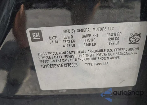 2014 Chevrolet Cruze 2Lt Auto z USA, uszkodzony, nr VIN 1G1PE5SB1E7278005